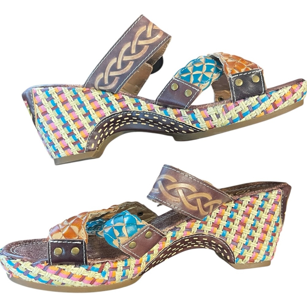 Elite Corkys Poppy Amber Multi Pattern Hand Made Leather Wedge Boho Sandals 8 - Picture 9 of 11